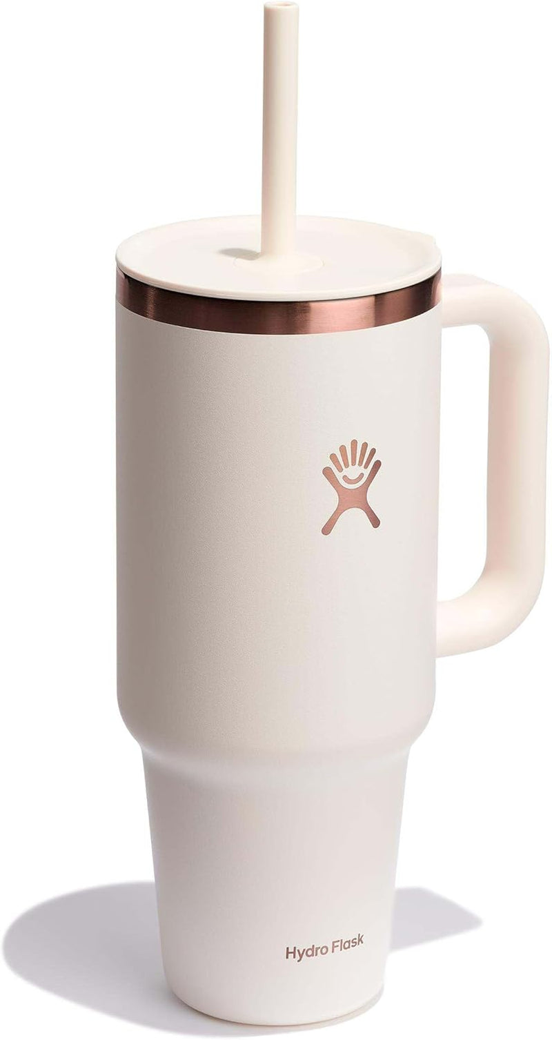 40 Oz Travel Tumbler with Handle, Lid and Straw - Insulated Stainless Steel in Ivory Rose Gold