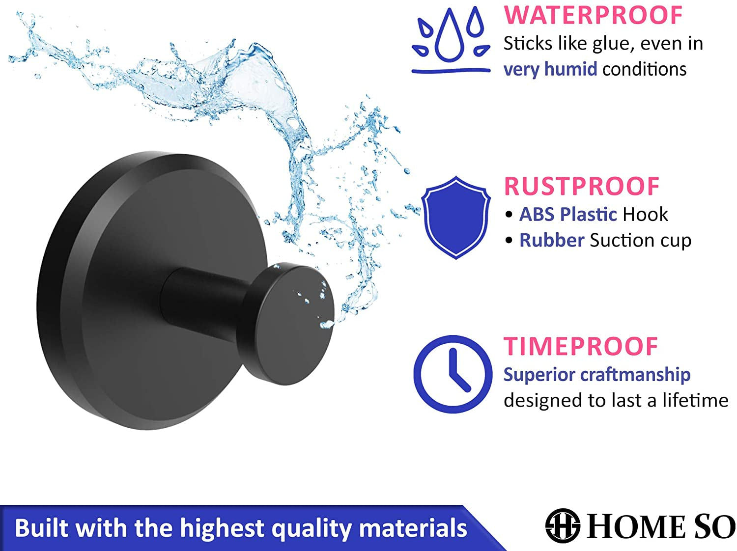 Suction Cup Hooks for Shower, Bathroom, Kitchen, Glass Door, Mirror, Tile – Loofah, Towel, Coat, Bath Robe Hook Holder for Hanging up to 15 Lbs – Waterproof & Rustproof, Matte Black (2-Pack)