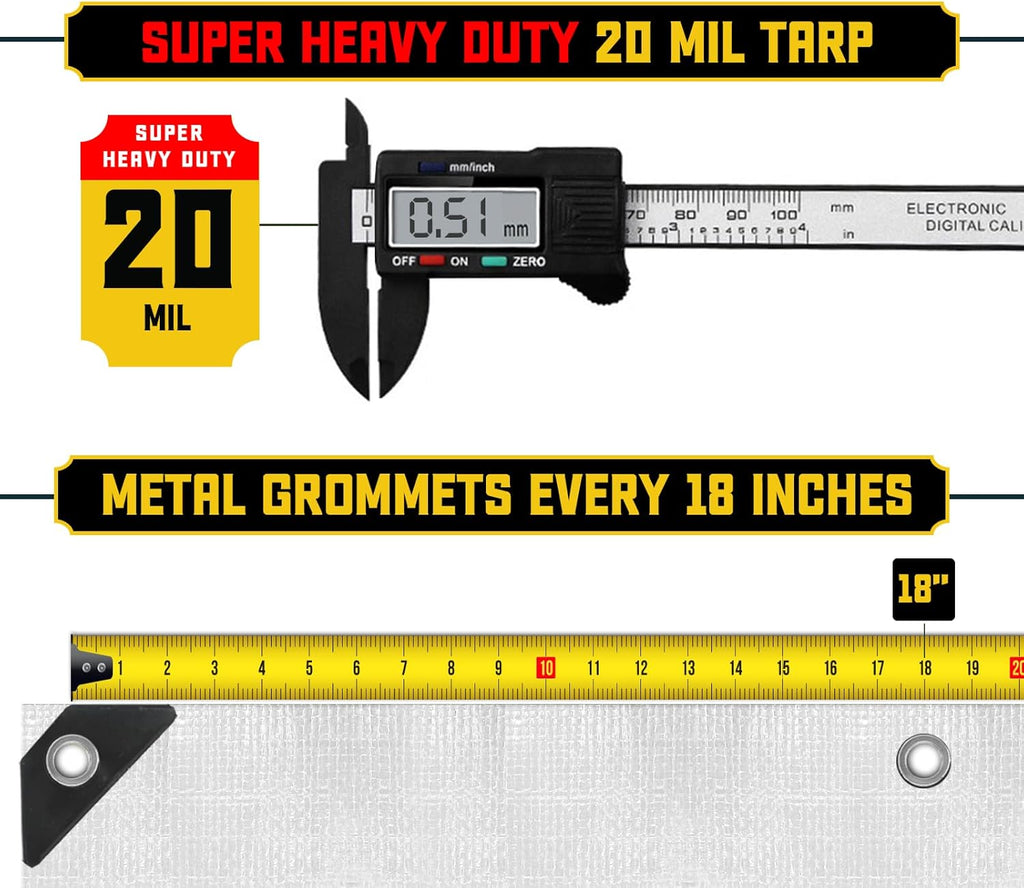 Extreme Heavy Duty 20 Mil Tarp Cover, Waterproof, UV Resistant, Rip and Tear Proof, Poly Tarpaulin with Reinforced Edges for Roof, Camping, Patio, Pool, Boat (White 12′ X 16′)
