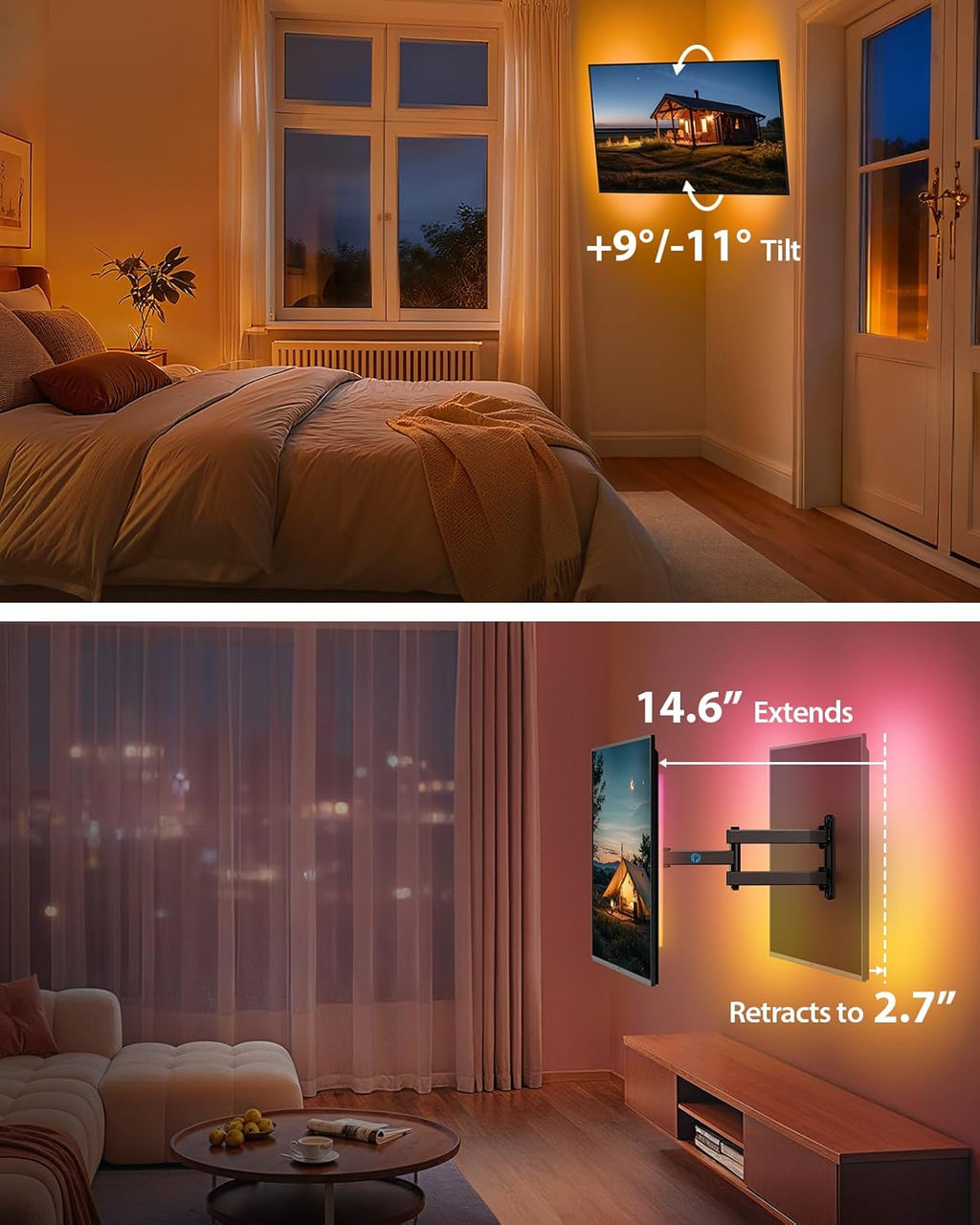 Full Motion TV Wall Mount with LED Light for Echo Show 21/15 and 13″–42″ Tvs up to 44 Lbs, Max VESA 200 X 200Mm, Backlit TV Mount with Music Sync, Rotation Swivel Extension Tilt, PISF06B