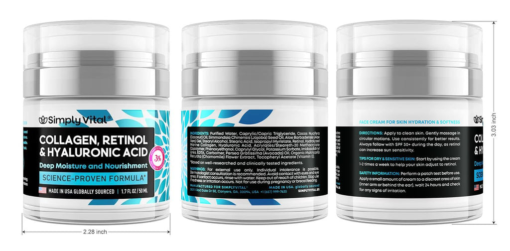 Collagen, Retinol & Hyaluronic Acid Cream - Anti-Aging Face Moisturizer for Face, Firming Skin Care Neck & Décolleté - Made in USA, Daily Moisturizer Face Cream Day & Night - 1.7 Fl.Oz.