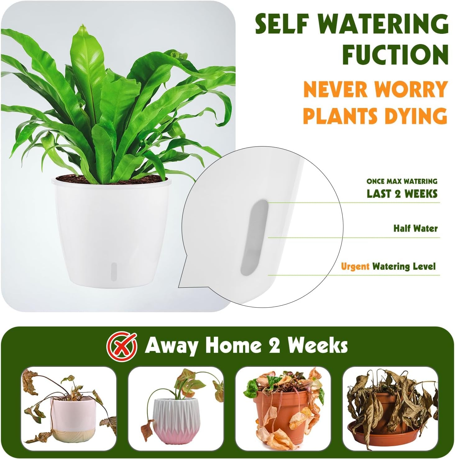 Self Watering Pots for Indoor Plants, 6-Pack 5'' Self Watering Planter with Drainage Holes, Small African Violet Pots with Water Indicator, Clear Wick Orchid Pot, White