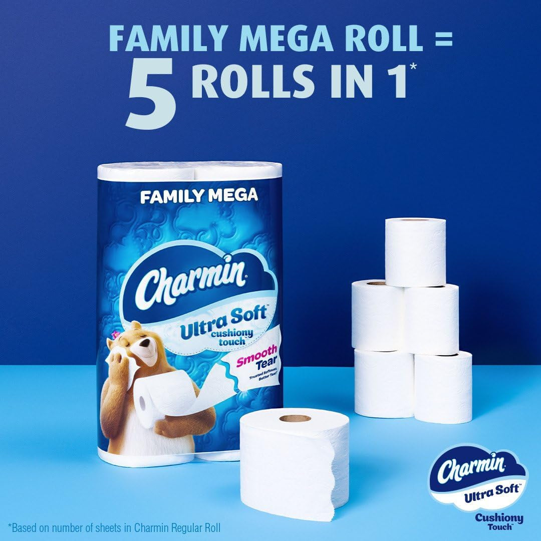 Ultra Soft Cushiony Touch Toilet Paper, 24 Family Mega Rolls = 123 Regular Rolls