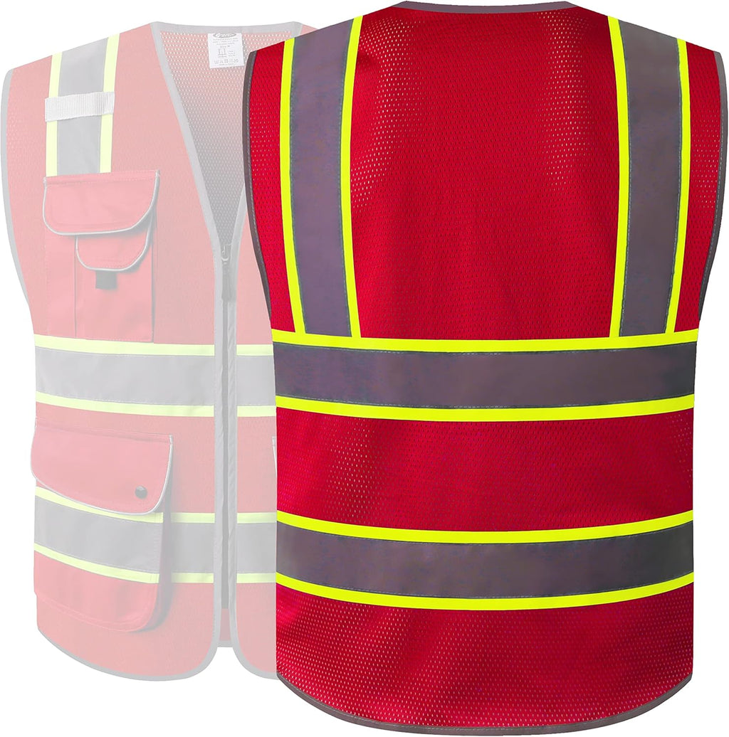 9 Pockets Hi-Vis Neon Red Zipper Front MESH Safety Vest with Fluorescent Yellow Extend Edge Outlining the Reflective Tapes Meet ANSI/ISEA Class 2 Standard (100-Red, Medium)