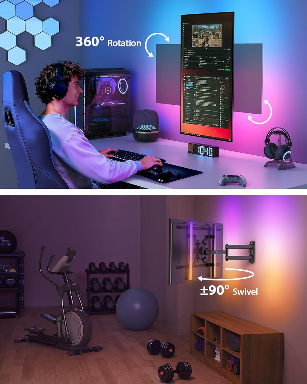 Full Motion TV Wall Mount with LED Light for Echo Show 21/15 and 13″–42″ Tvs up to 44 Lbs, Max VESA 200 X 200Mm, Backlit TV Mount with Music Sync, Rotation Swivel Extension Tilt, PISF06B