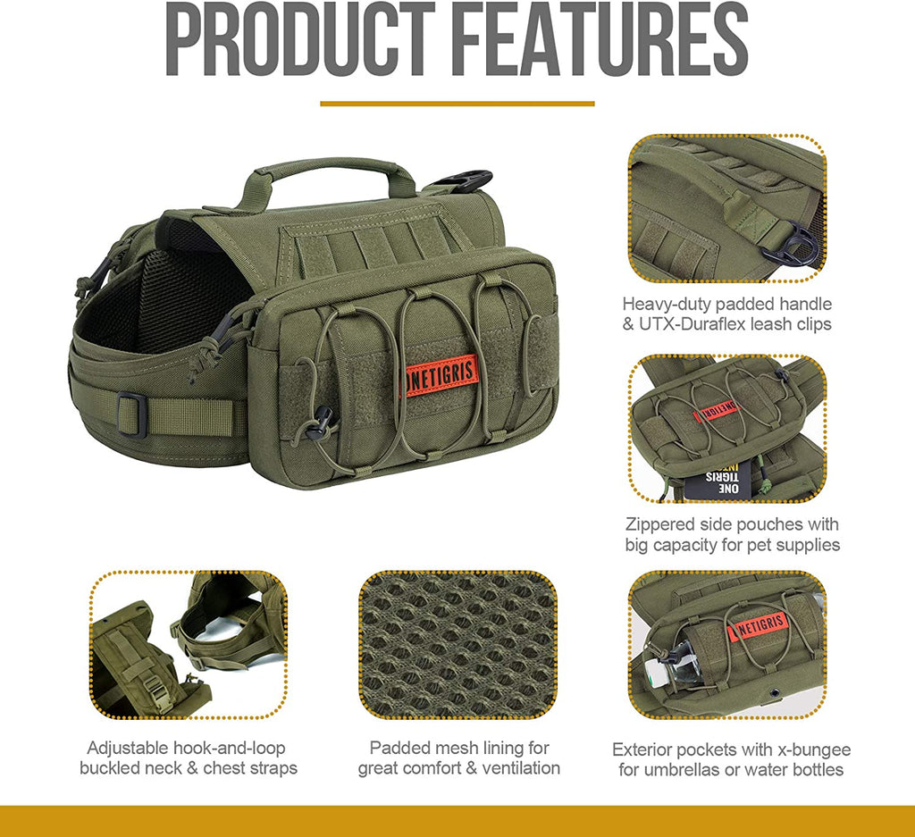 Dog Backpack for Hiking Nylon Dog Harness Backpack with Side Pockets for Large Dog with 17"-23.5" Neck Girth and 25"-31" Chest Girth (Green, Medium)