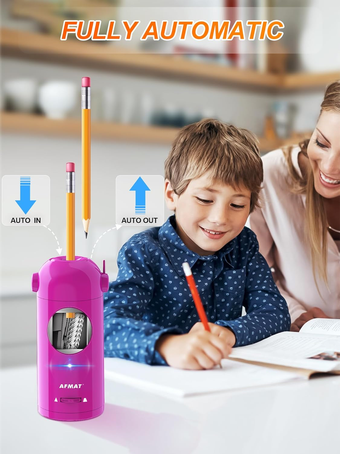Electric Pencil Sharpener for Colored Pencils, Fully Automatic Robot Pencil Sharpener, Auto in & Out, Rechargeable Hands-Free for 7-11.5Mm Jumbo Pencils, Home, Classroom