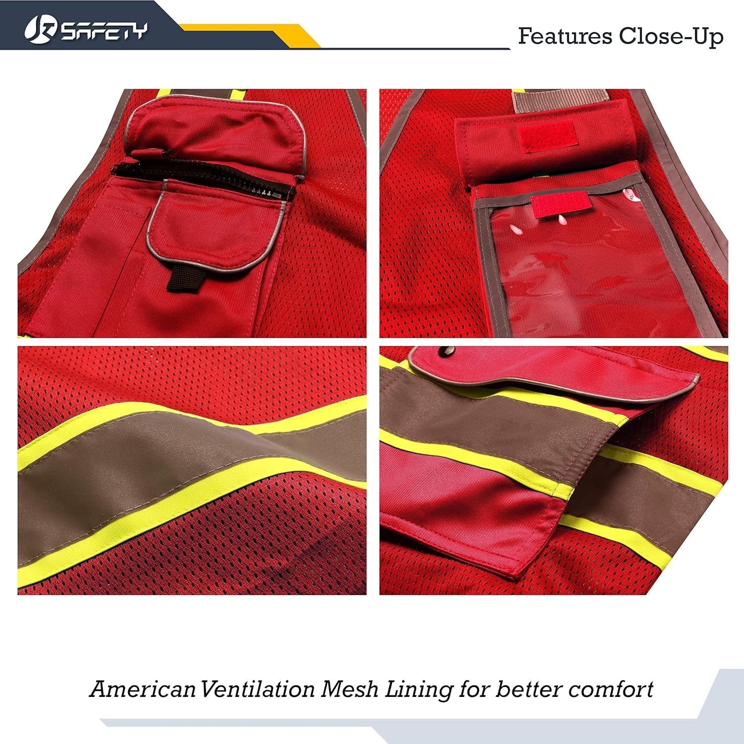 9 Pockets Hi-Vis Neon Red Zipper Front MESH Safety Vest with Fluorescent Yellow Extend Edge Outlining the Reflective Tapes Meet ANSI/ISEA Class 2 Standard (100-Red, Medium)