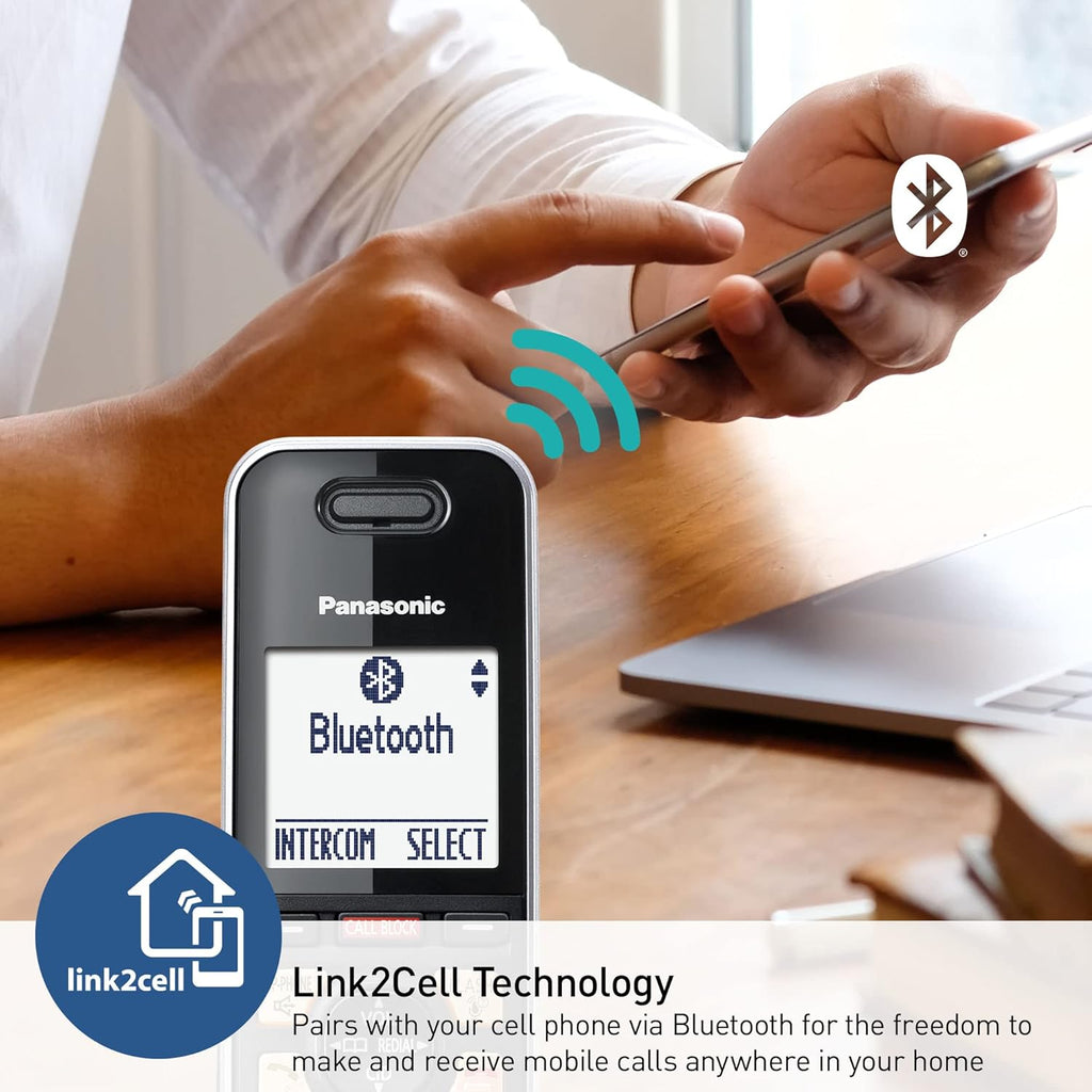 Cordless Phone with Advanced Call Block, Link2Cell Bluetooth, One-Ring Scam Alert, and 2-Way Recording with Answering Machine, 5 Handsets - KX-TGF975B (Black with Silver Trim)