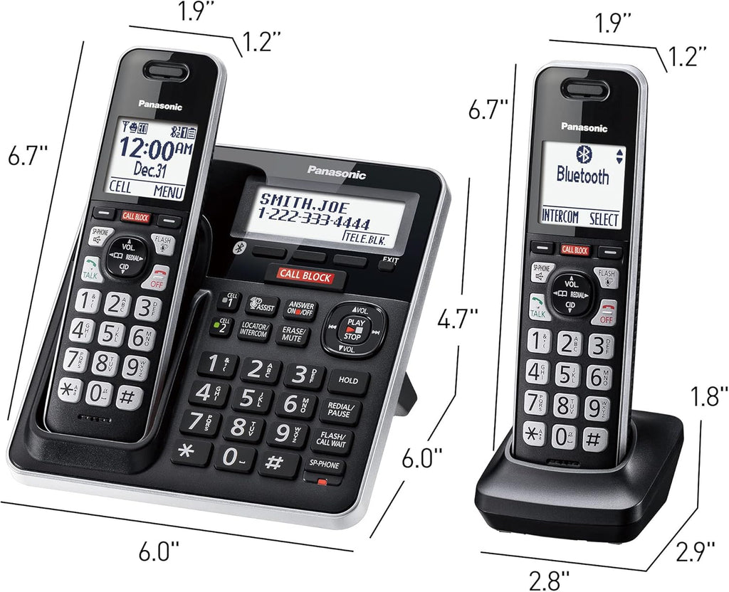 Cordless Phone with Advanced Call Block, Link2Cell Bluetooth, One-Ring Scam Alert, and 2-Way Recording with Answering Machine, 5 Handsets - KX-TGF975B (Black with Silver Trim)