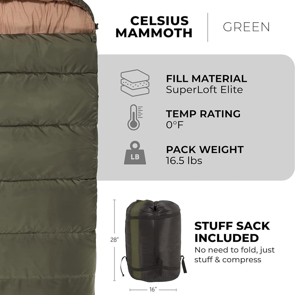 Teton Mammoth Queen Size Double Sleeping Bag- a Warm Bag the Whole Family Can Enjoy – Great for Camping, Hunting and Base Camp. Compression Sack Included