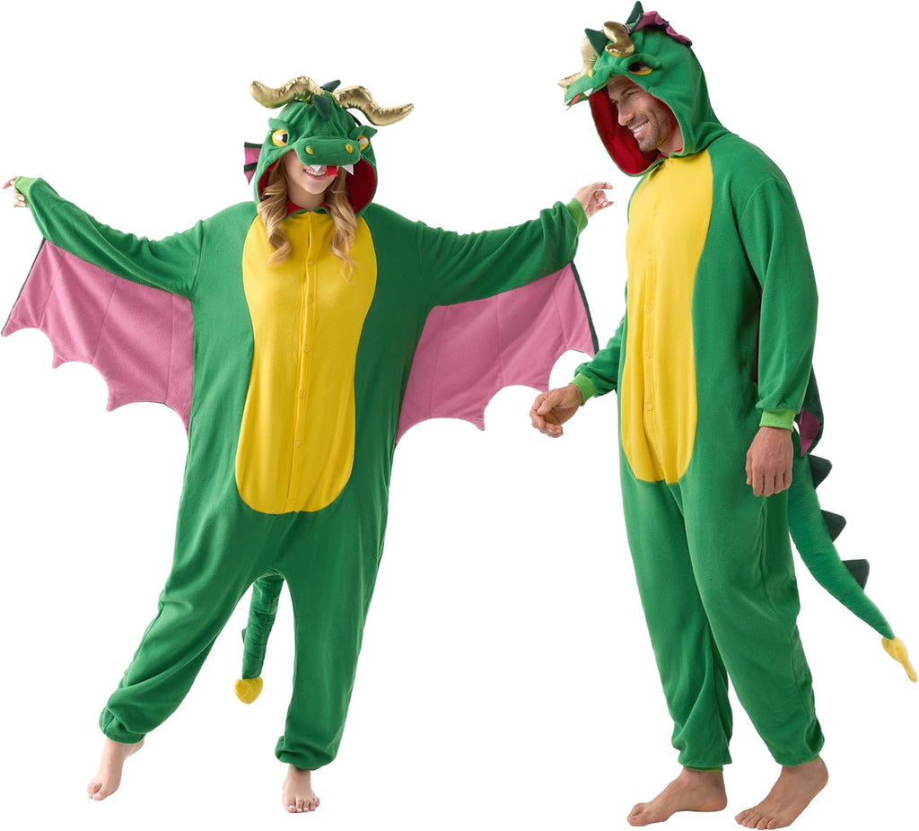 Adult Dragon Pajama, Plush Halloween Dragon Jumpsuit Costume with Pink Wing for Halloween Parties
