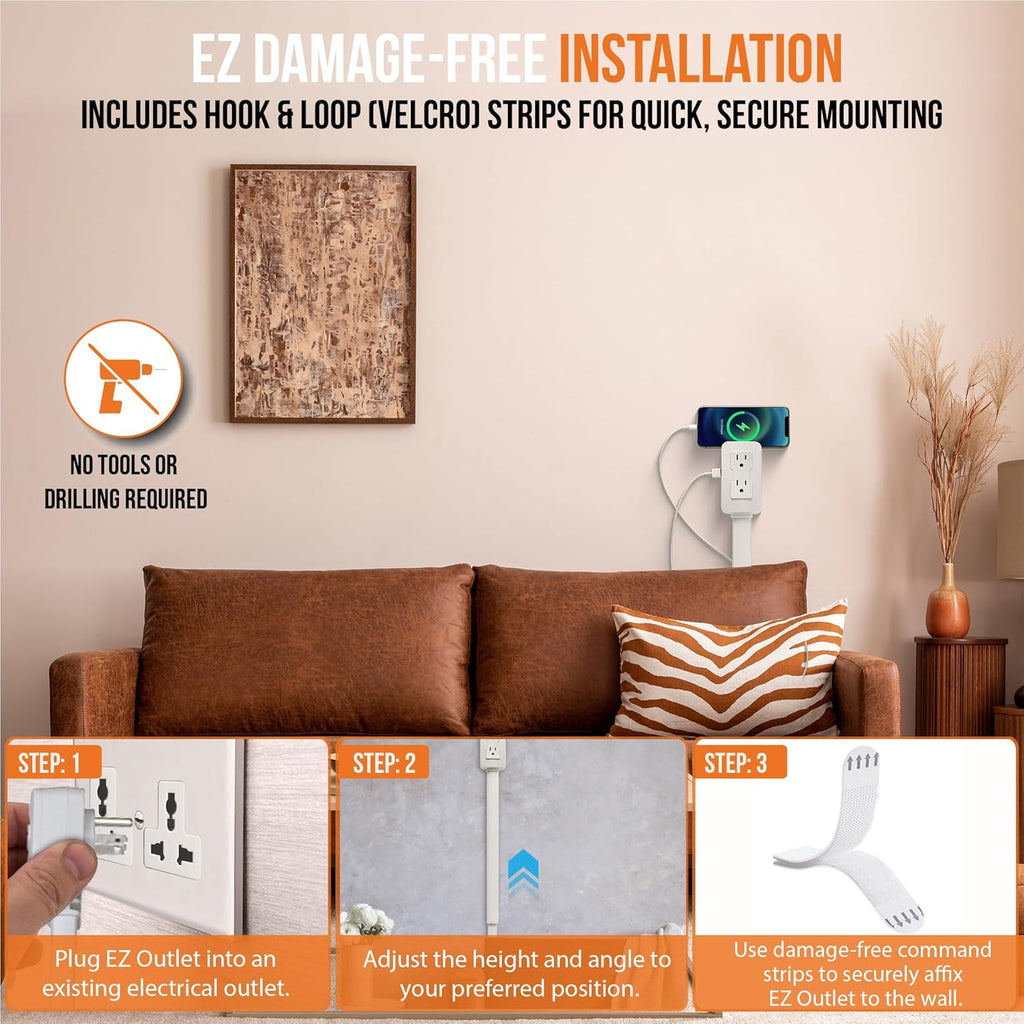 Electrical Outlet Extender. Access Hard-To-Reach Outlets! Features USB-A, USB-C, and 2 AC Outlets, Extends 22"-34", Rotates 180°. Use behind Couches, Nightstands, Desks, and More.