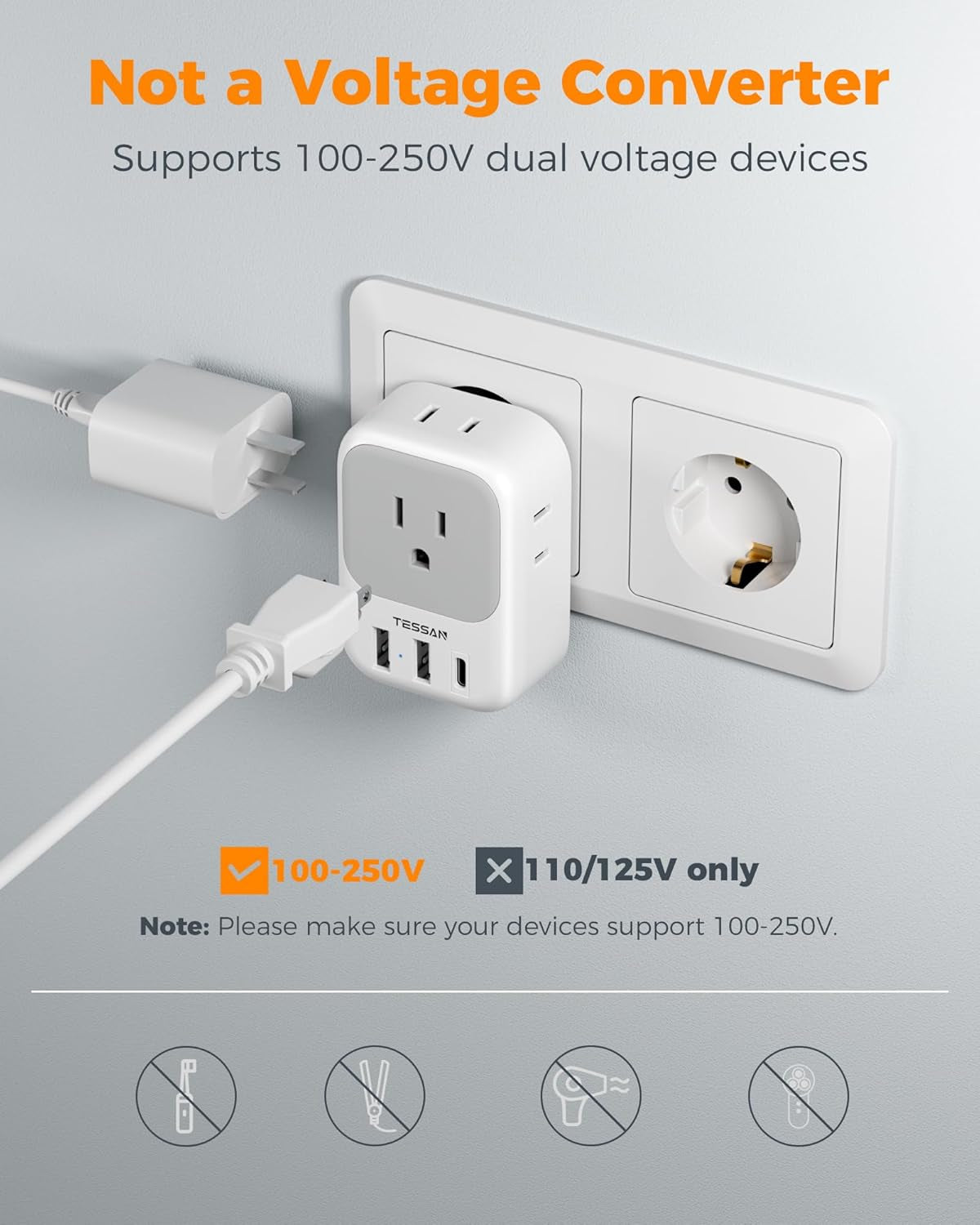 European Travel Plug Adapter USB C 3 Pack, US to Europe Plug Adaptor with 4 AC Outlets 3 USB Charging Ports, Type C Power Adapter for USA to EU Euro Spain France Iceland Italy Germany Greece