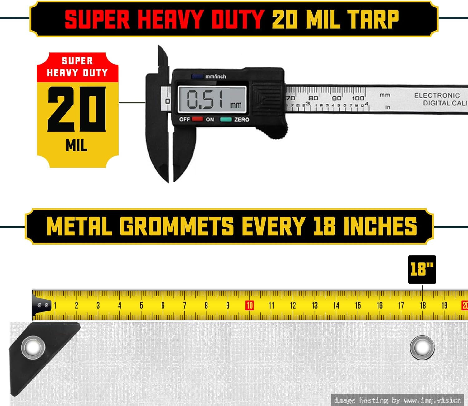 Extreme Heavy Duty 20 Mil Tarp Cover, Waterproof, UV Resistant, Rip and Tear Proof, Poly Tarpaulin with Reinforced Edges for Roof, Camping, Patio, Pool, Boat (White 12′ X 16′)