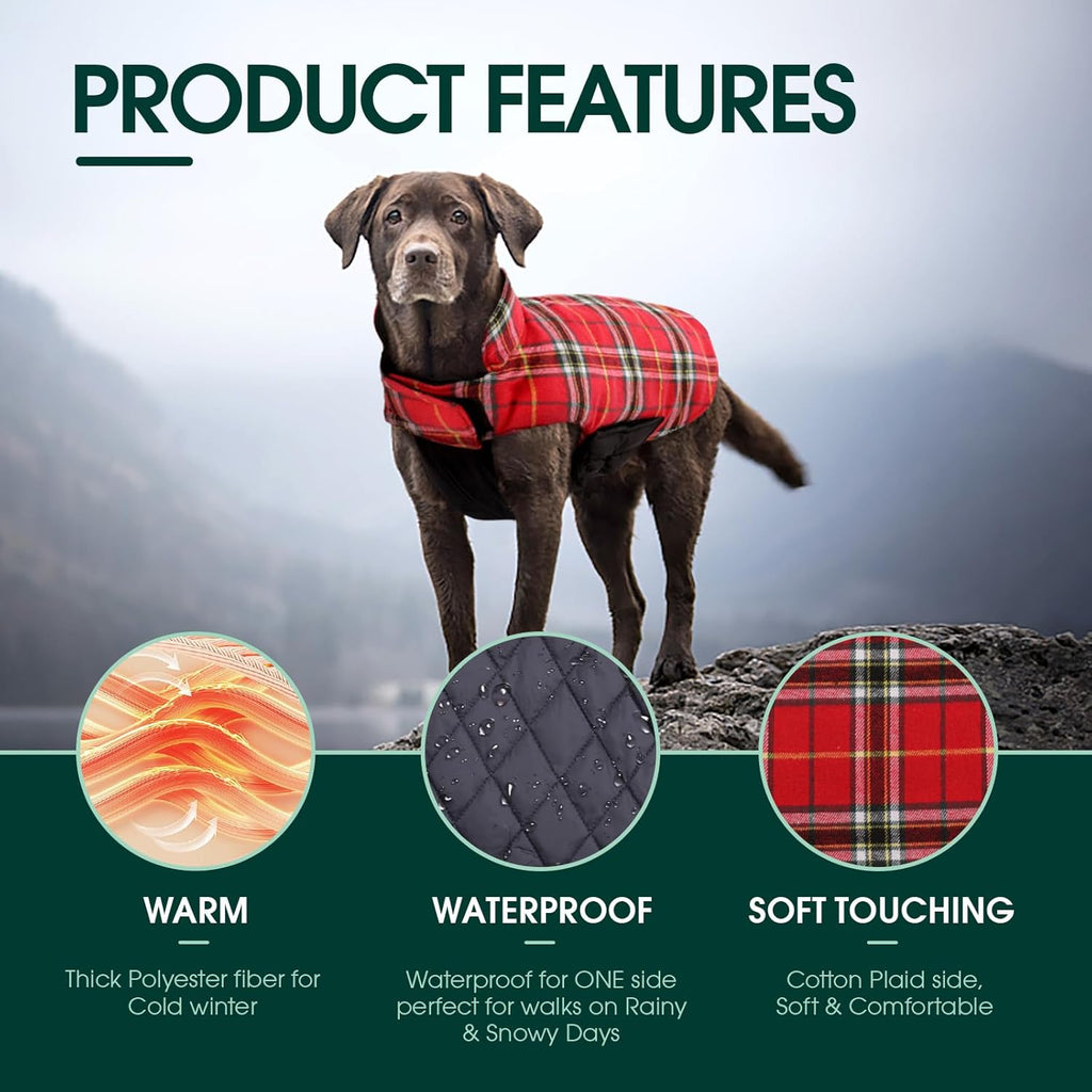 Waterproof Dog Coat, Reversible Dog Jacket for Medium Dogs, Adjustable Durable Doggie Winter Coat Warm Puppy Cold Weather Apparel from Small to Large Breed, Bright Red M