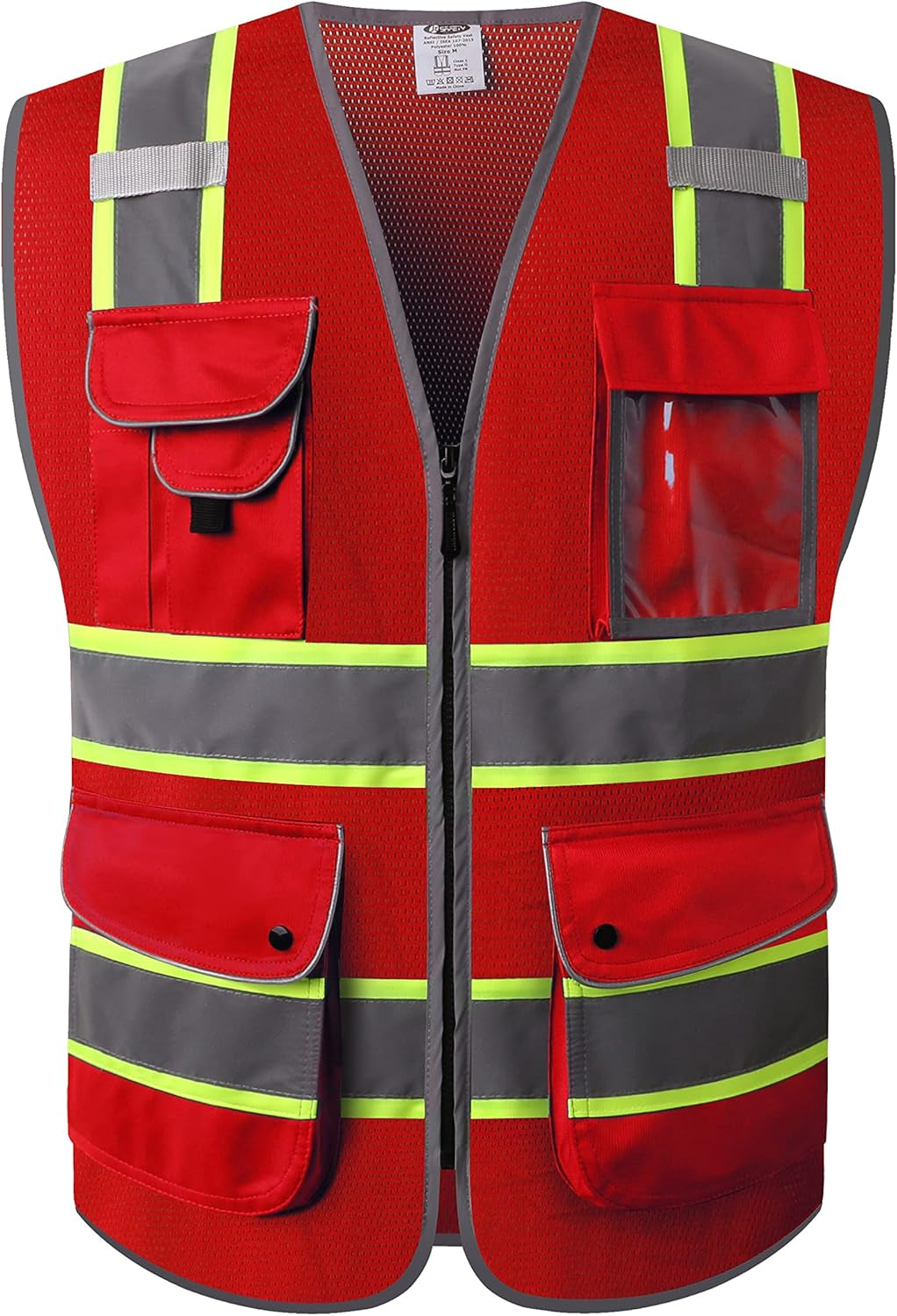 9 Pockets Hi-Vis Neon Red Zipper Front MESH Safety Vest with Fluorescent Yellow Extend Edge Outlining the Reflective Tapes Meet ANSI/ISEA Class 2 Standard (100-Red, Medium)