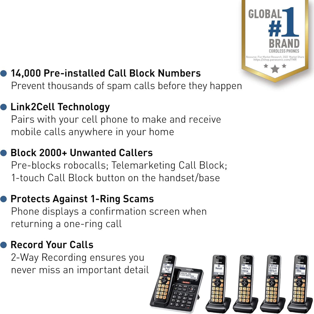 Cordless Phone with Advanced Call Block, Link2Cell Bluetooth, One-Ring Scam Alert, and 2-Way Recording with Answering Machine, 5 Handsets - KX-TGF975B (Black with Silver Trim)