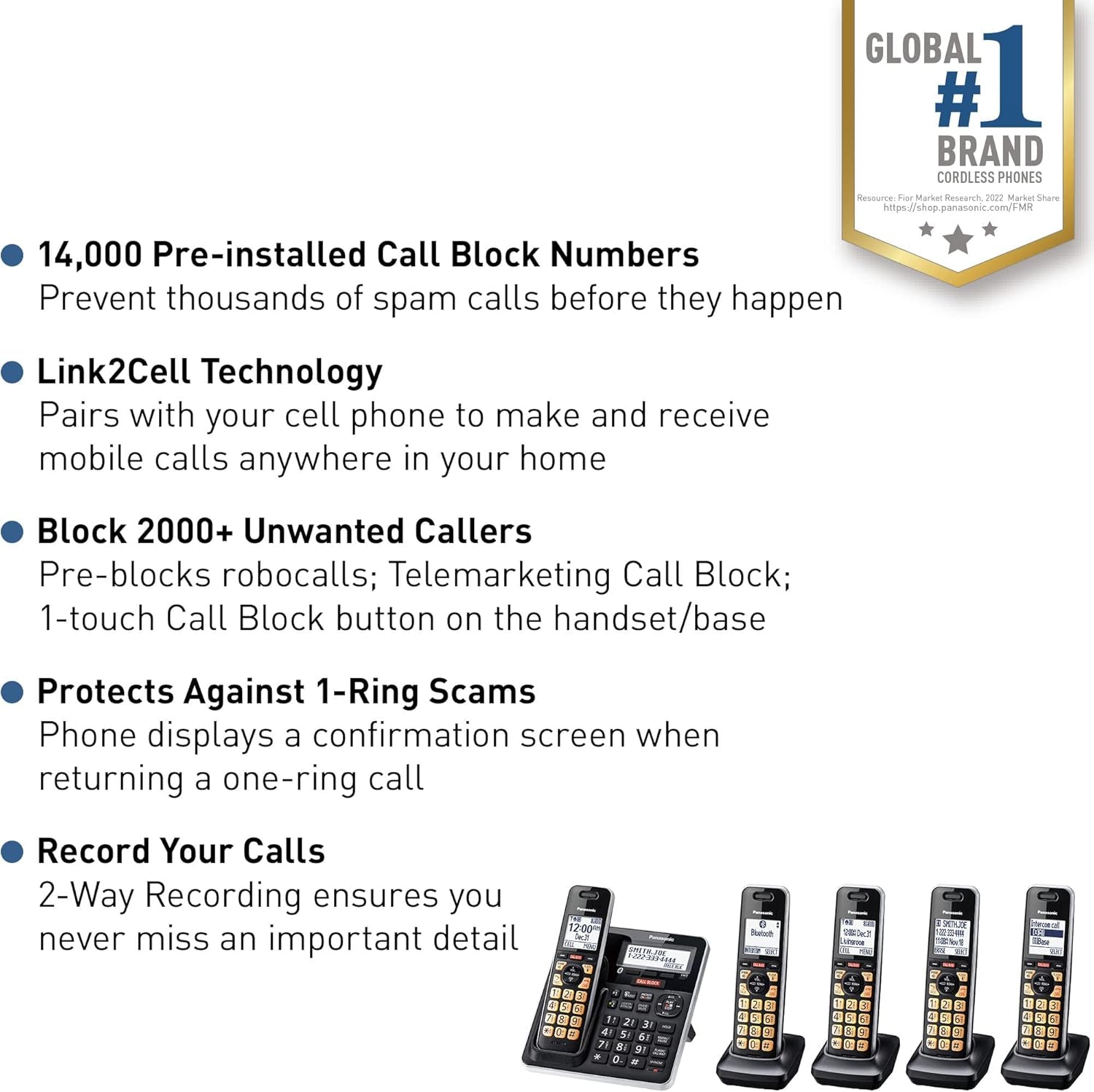 Cordless Phone with Advanced Call Block, Link2Cell Bluetooth, One-Ring Scam Alert, and 2-Way Recording with Answering Machine, 5 Handsets - KX-TGF975B (Black with Silver Trim)