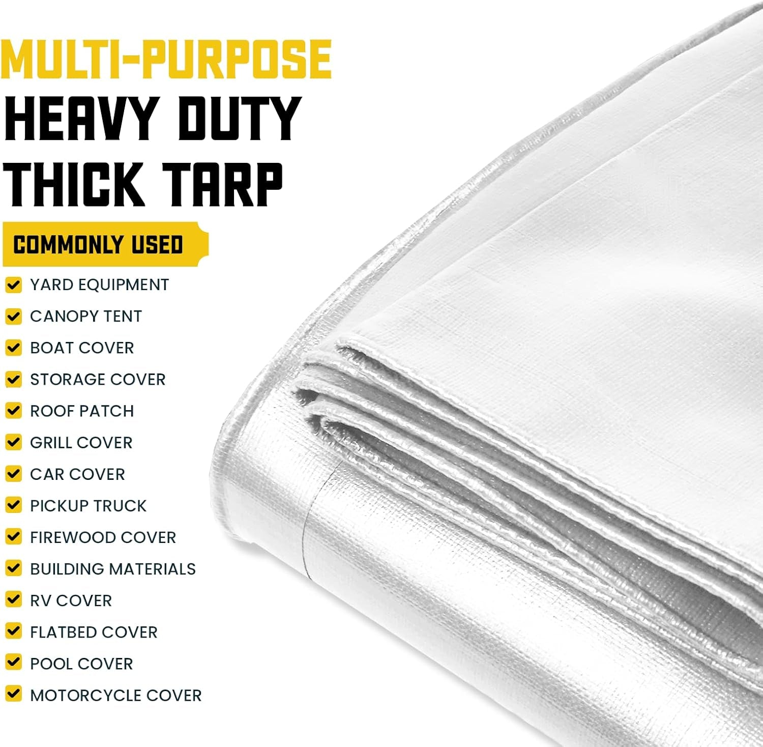 Extreme Heavy Duty 20 Mil Tarp Cover, Waterproof, UV Resistant, Rip and Tear Proof, Poly Tarpaulin with Reinforced Edges for Roof, Camping, Patio, Pool, Boat (White 12′ X 16′)