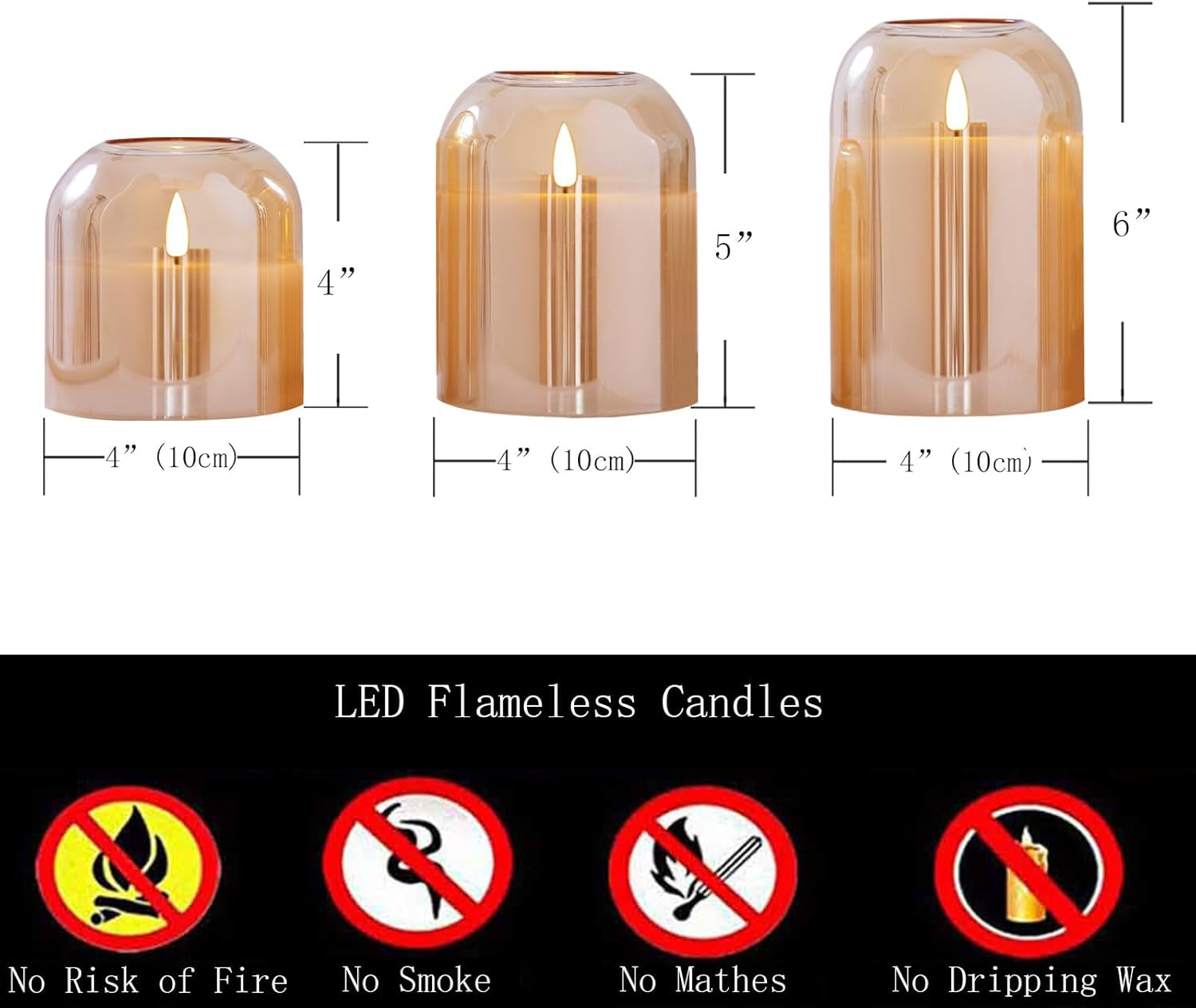 Gold Glass Flameless Candles with Remote Battery Operated Flickering LED Pillar Candles Real Wax 3D Wick Φ 4" H 4" 5" 6"
