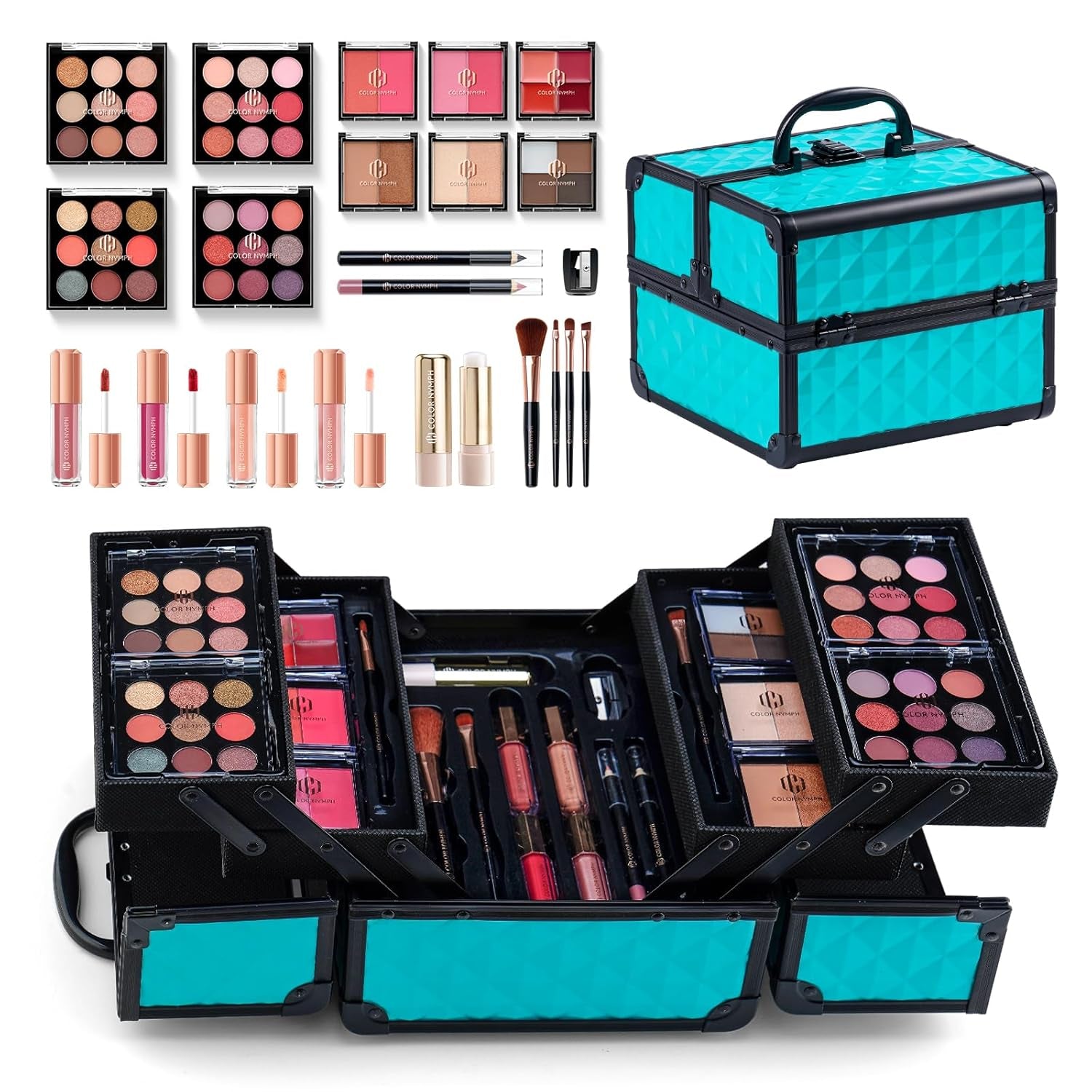 All in One Makeup Kit Comestics Gifts for Girls Teens, Travel Makeup Set 4 Trays Train Case for Beginner Includes Eyeshadow Highlighter Lipgloss Blush Concealer Brush Eyeliner Lipbalm